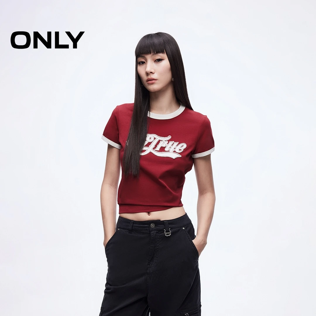 ONLY夏季复古修身撞色印花正肩短袖T恤女纯欲慵懒风|125101111