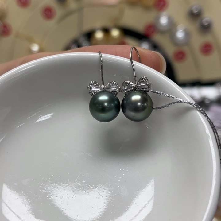 耳饰海水珍珠银S925镶嵌大溪地 9-10mm 110号