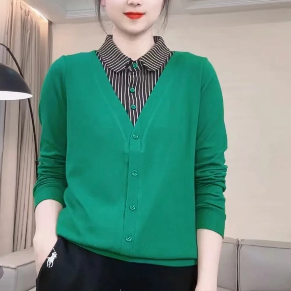 2025春秋新款螺纹棉衬衫领假两件条纹款