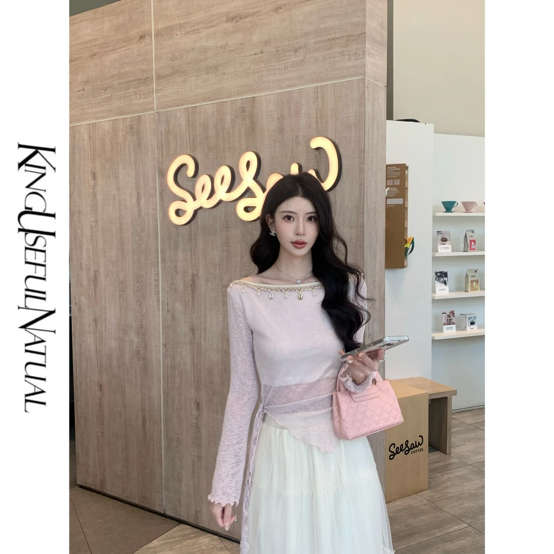 KUN【淡彩韵律】甜美印象 银丝线针织轻薄感一字领配珍珠贝壳织上衣