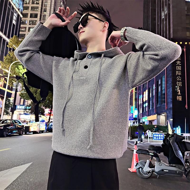 小众设计感连帽毛衣男款冬季打底衫韩版加厚帅气宽松针织衫休闲男