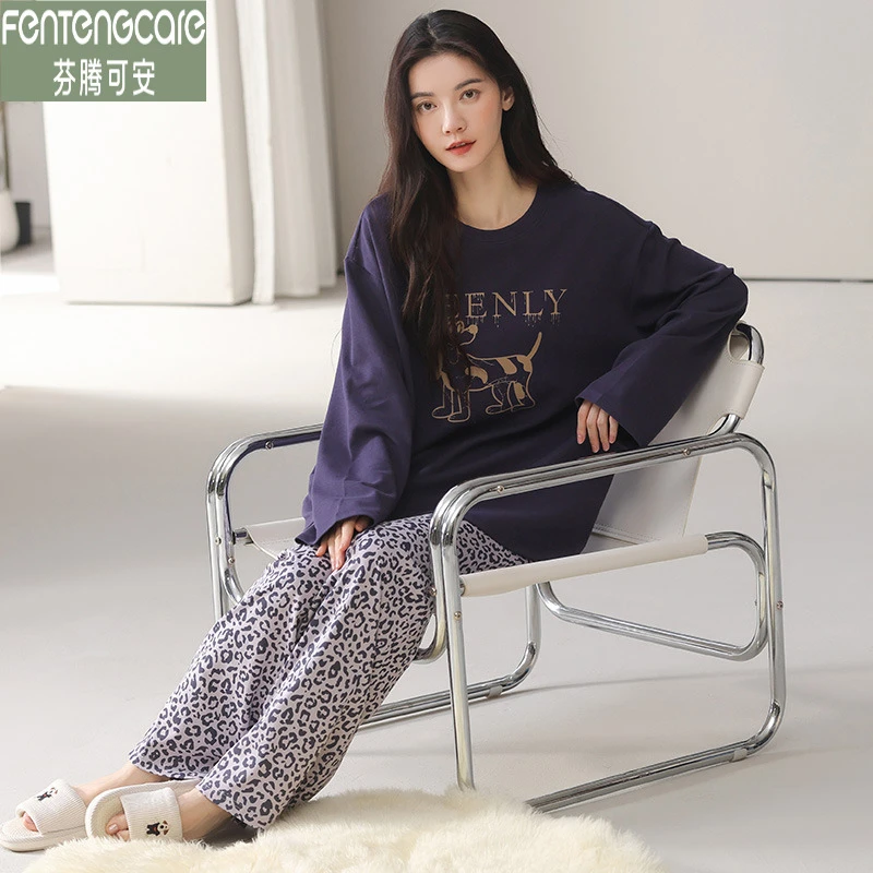 芬腾可安女士春秋季新款纯棉睡衣长袖可外穿休闲简约圆领家居服套