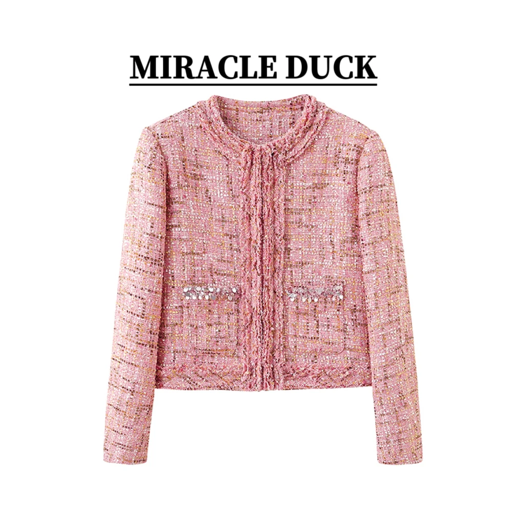 【】秋冬时尚粉色花纱亮片粗呢小香风短款外套C1887