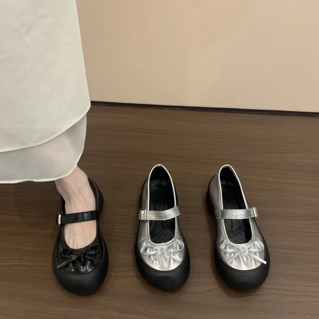 2025秋季新款法式厚底蝴蝶结芭蕾舞鞋女一字扣带浅口玛丽珍鞋单鞋
