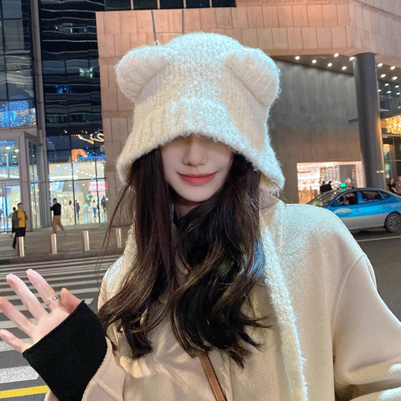 小熊毛帽子女冬季可系带毛线帽女生显脸小护耳灰色保暖针织帽圆顶