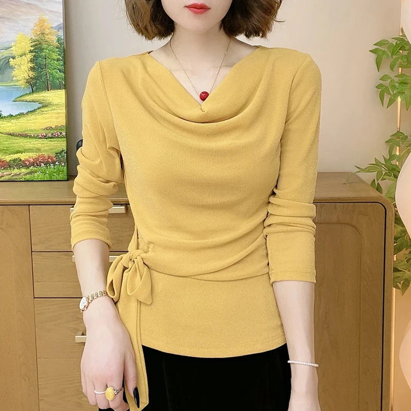 2025秋季新款时尚绑带堆堆领长袖上衣纯色弹力网纱打底衫气质小衫