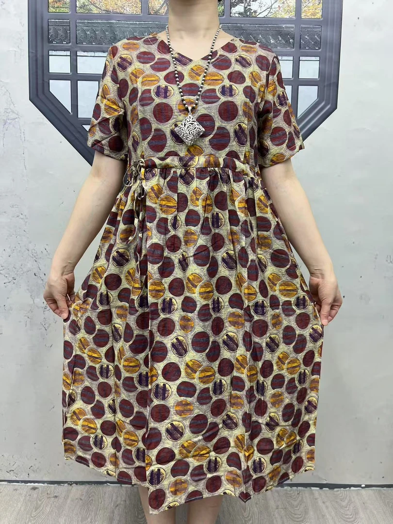 8540新款短袖复古民族风印花V领大裙摆连衣裙