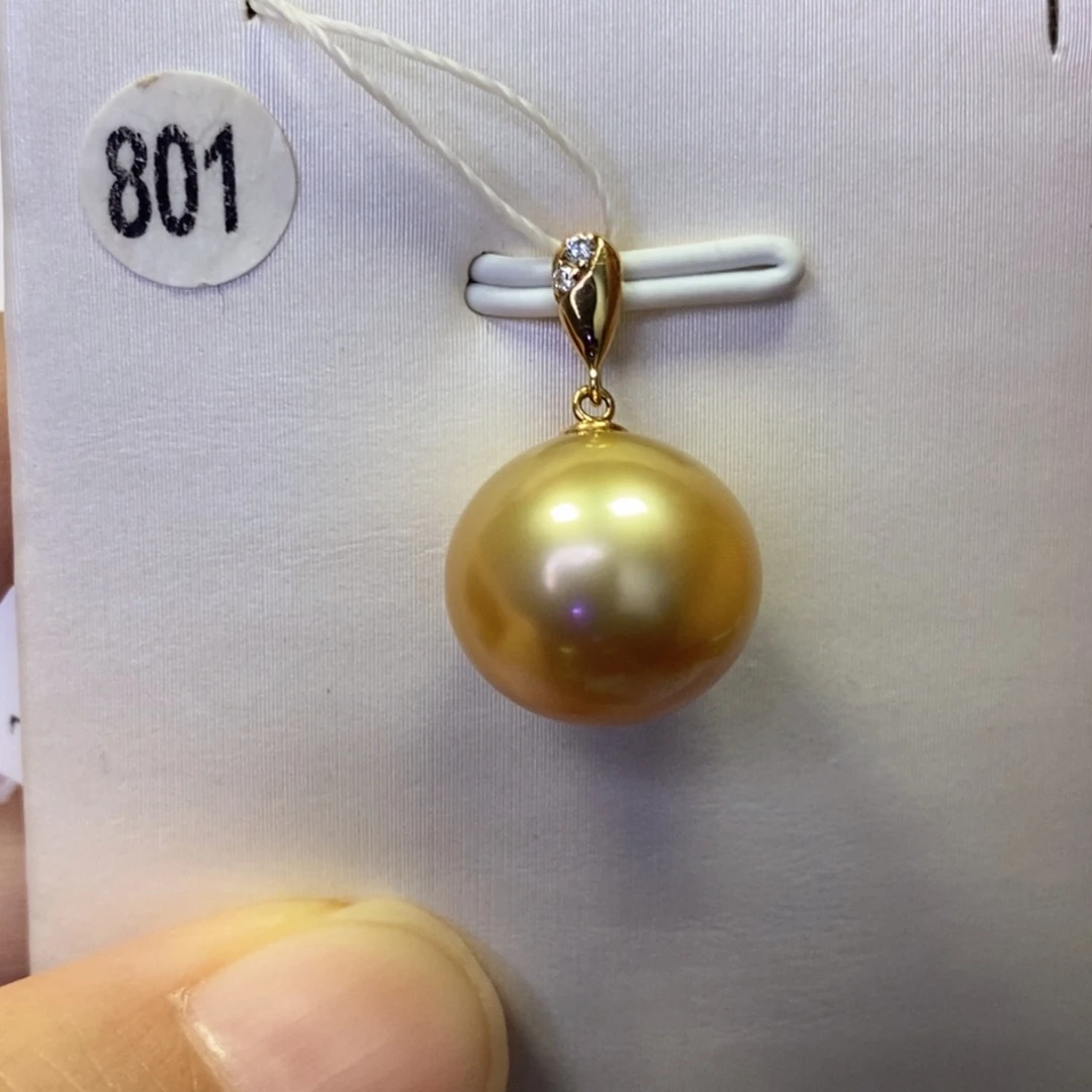 吊坠(不含链)海水珍珠18K金镶嵌茶金无瑕强光12.5mm