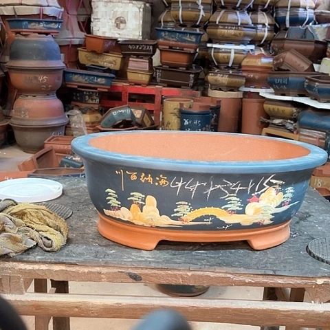 紫砂花盆腰圆蓝色一个