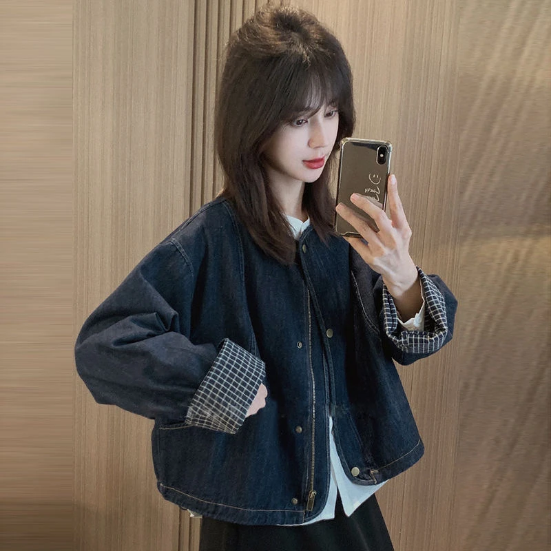 2025春季新款韩版复古小众百搭洋气圆领格子翻边长袖牛仔外套女潮