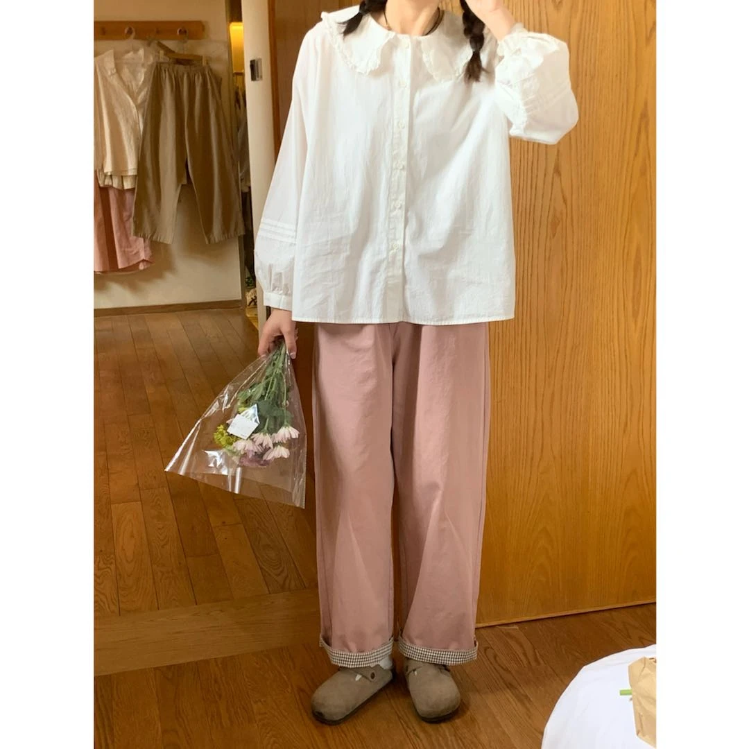 田田家 | 温婉卷边裤 春款粉色纯色休闲裤卷边格子裤遮肉显瘦