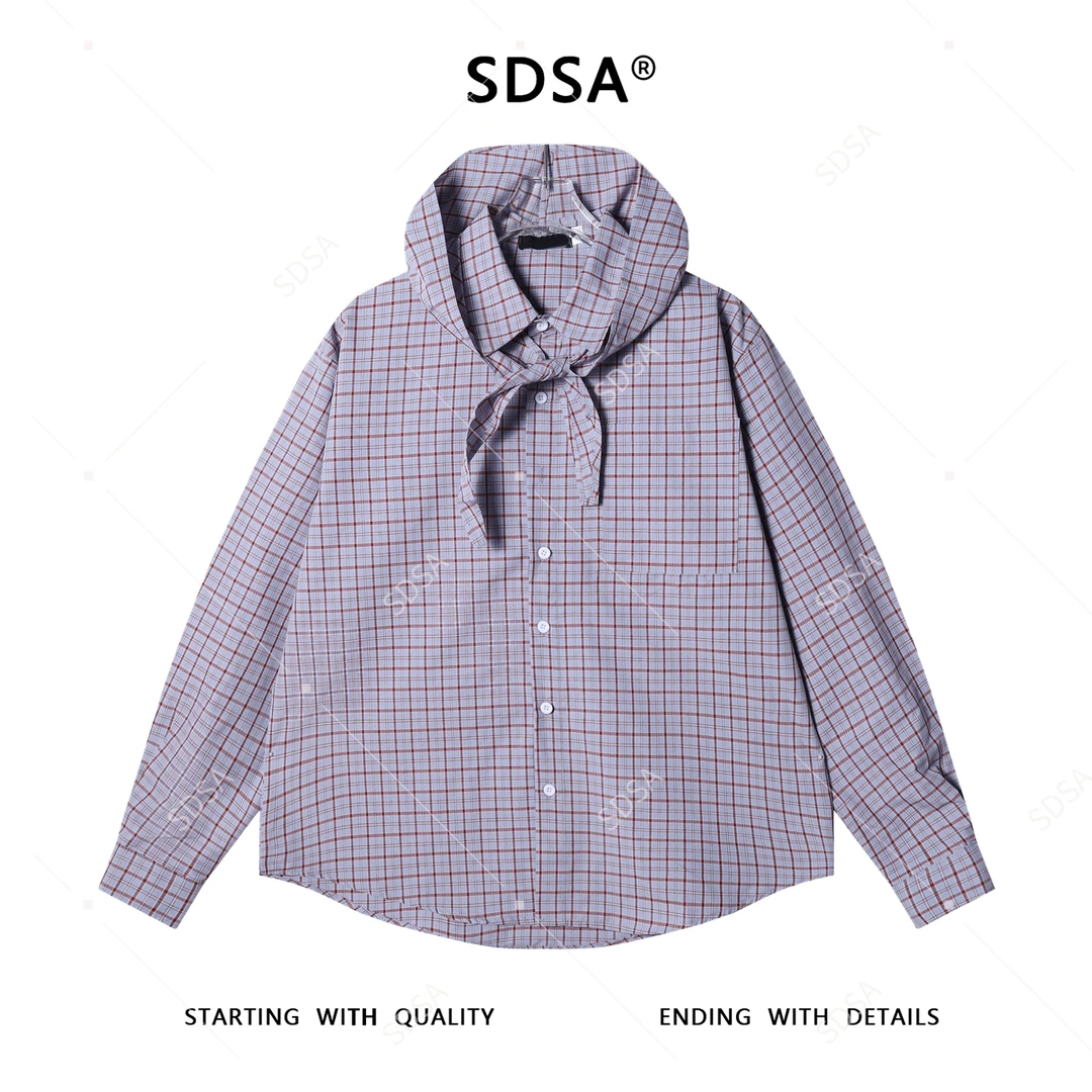 SDSA秋冬新款痞帅男装美式复古格子披肩连帽衬衫高级百搭开衫衬衣
