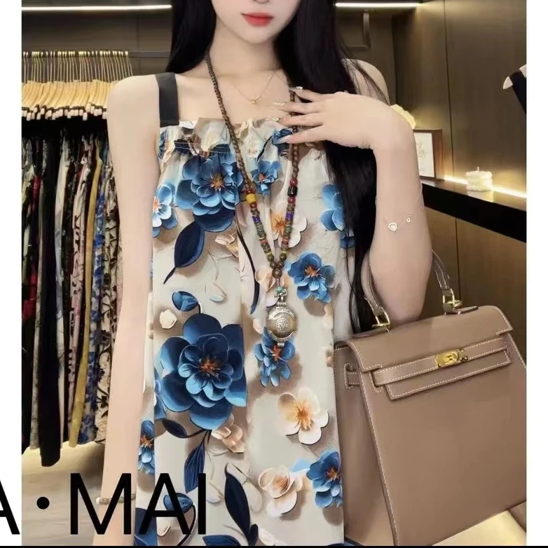 2025夏季印花时尚气质轻奢宽松遮肉沙滩裙长款碎花连衣裙吊带裙