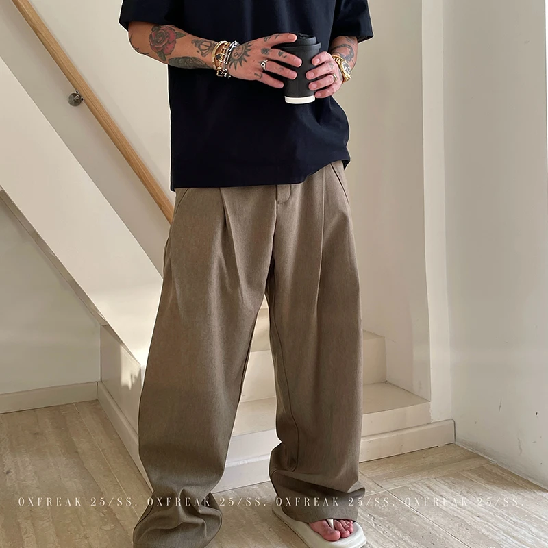 OXFREAK 「活页单褶 通勤垂感」咖色休闲裤男阔腿宽松高级感裤子