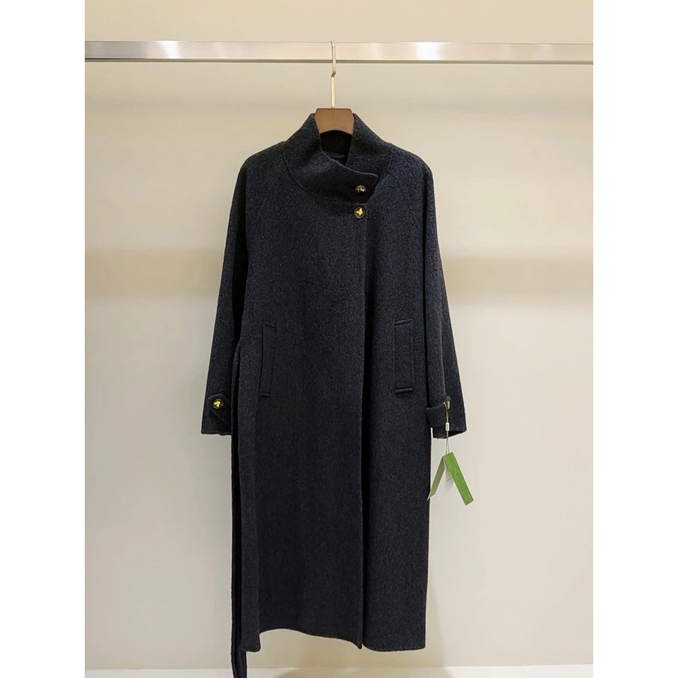 品牌原单高端轻奢桑蚕丝兔毛绵羊毛大衣中长款【衣长114】黑灰—8001