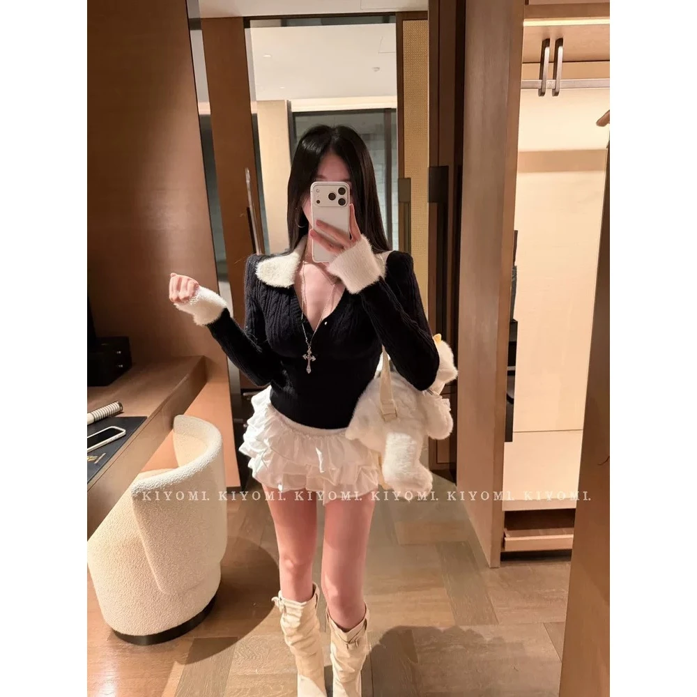 KIYOMI毛毛领拼接V领长袖麻花针织衫秋冬2025年修身显瘦毛衣上衣