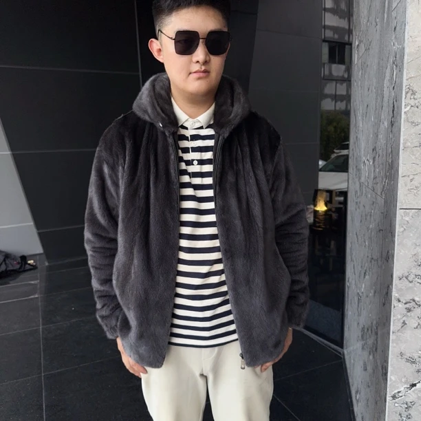 貂锦华丹麦紫金短二拉链连帽方领时尚男款雾霾灰貂皮男装