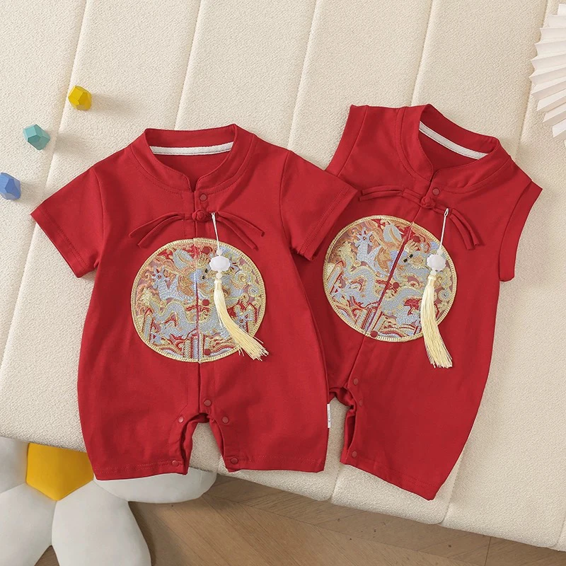 婴儿衣服夏季薄款短袖连体衣红色喜庆满月百天宝宝夏日抓周岁礼服