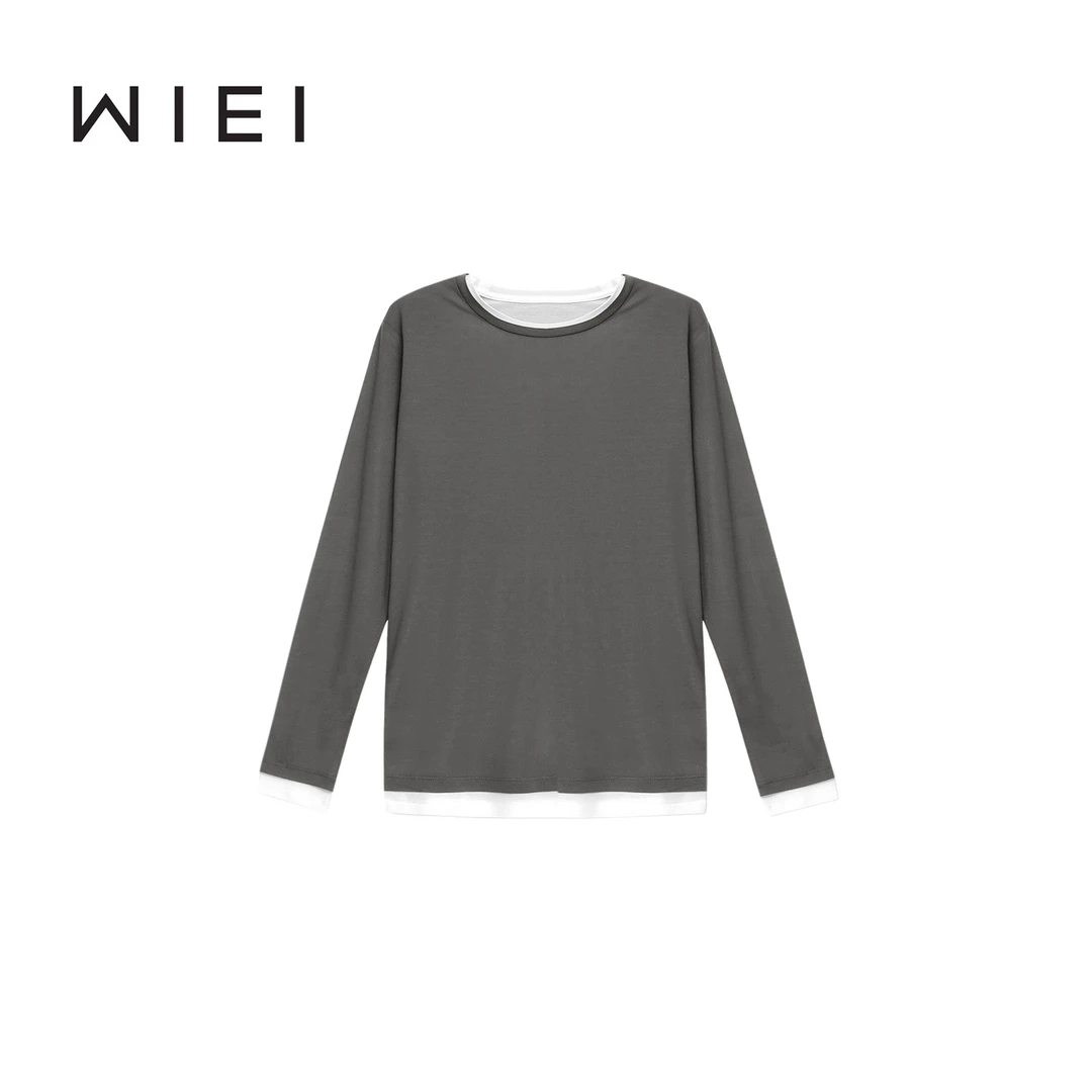 《WI EI》撞色T*超柔兰精天絲 撞色拼接层次感真两件长袖T恤 5C0157
