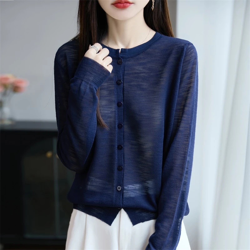 夏季凉感竹节麻防晒薄款圆领打底气质长袖短款宽松百搭纯色