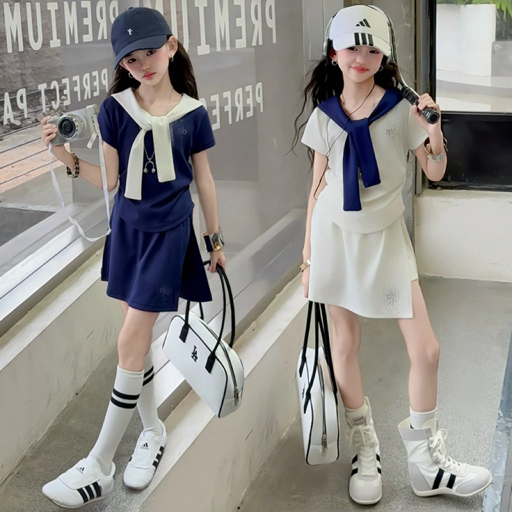 女童披肩短袖套装夏装时髦学院风薄款短裤裙