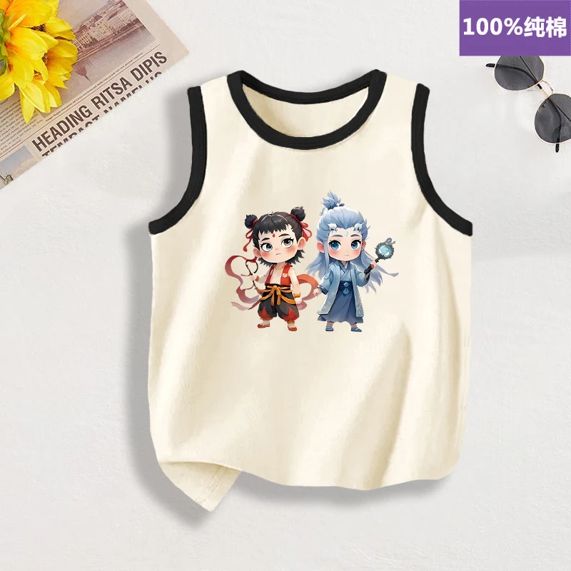 夏季儿童宝宝上衣服纯棉无袖背心卡通新款2025哪吒男童女童打底衫