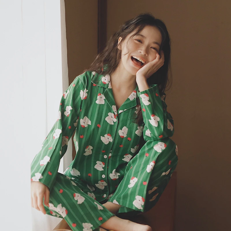 【段姐家居服】全棉双层棉纱翻领印花小狗长袖长裤套装可爱舒适透气