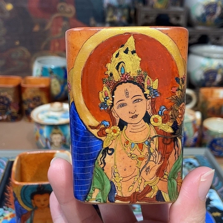 手工手绘白度母茶杯