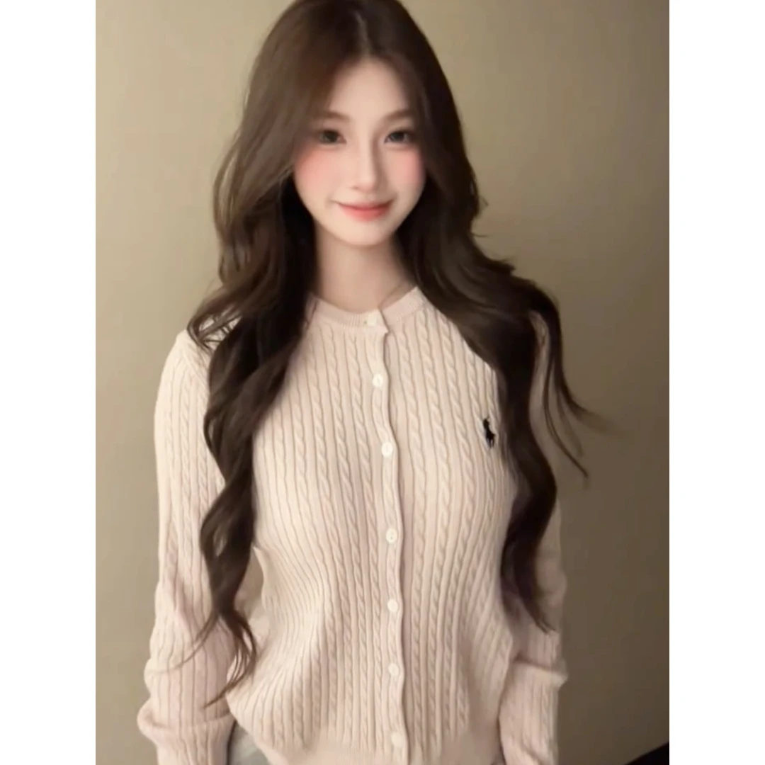 韩系粉色条纹长袖针织衫外套女2025秋季新款休闲百搭短款开衫上衣