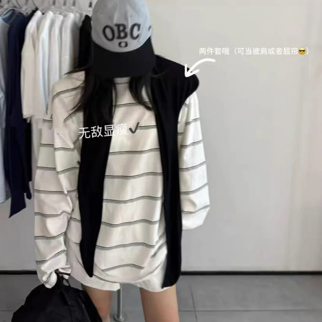 吴大大-设计感小众慵懒宽松显瘦长袖T恤女早秋时尚洋气条纹上衣潮