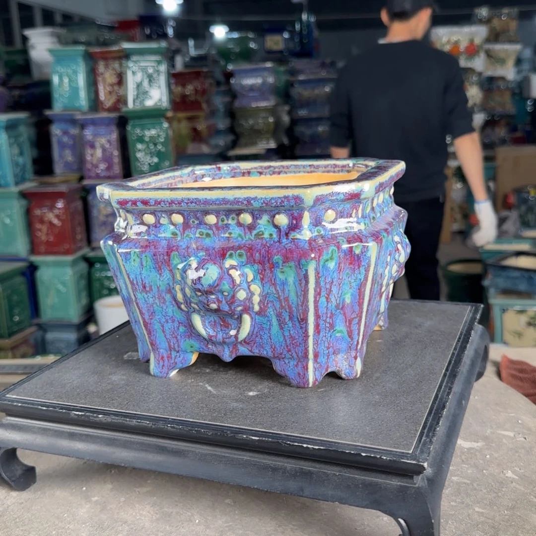 一风堂石湾花盆。高温裂瑕疵