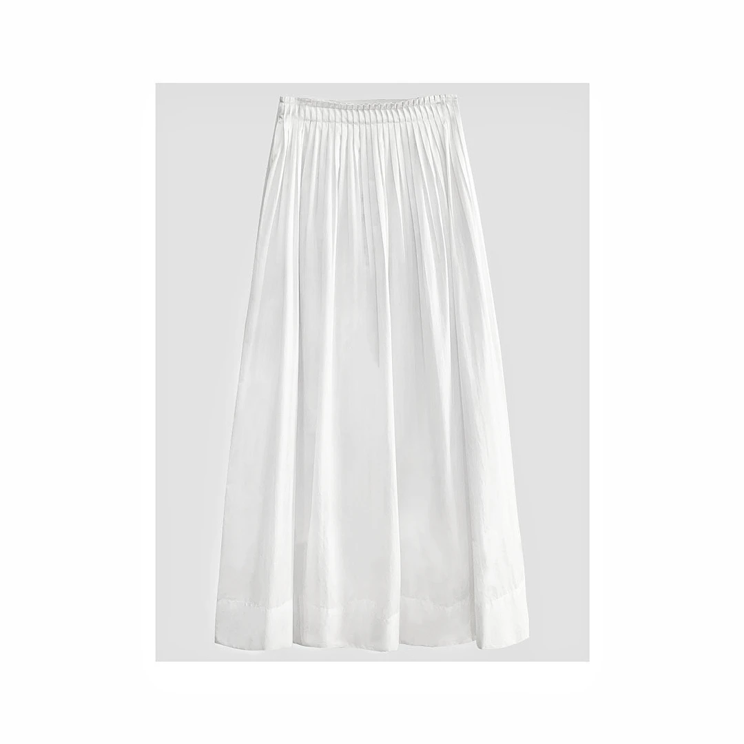 仙女裙 春季休闲百搭时尚纯色百褶中长款裙子正腰白色半裙