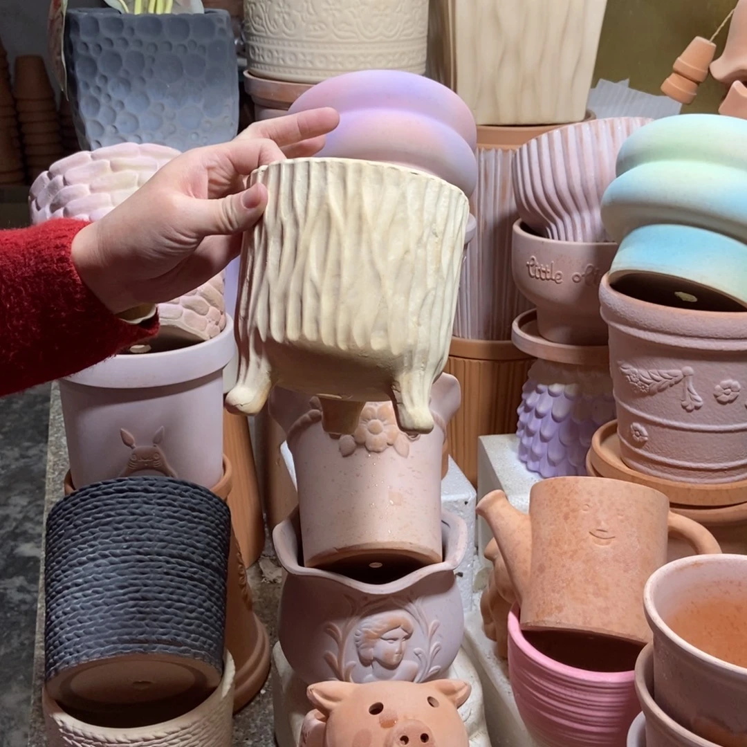 13×14白陶三脚树纹盆 粗陶1个