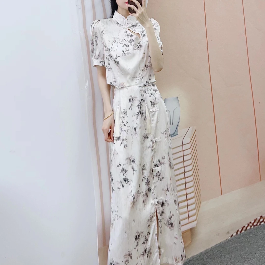 清仓C5夏季撤柜时尚竹子盘扣国风上衣+开叉半身裙两件套裙812