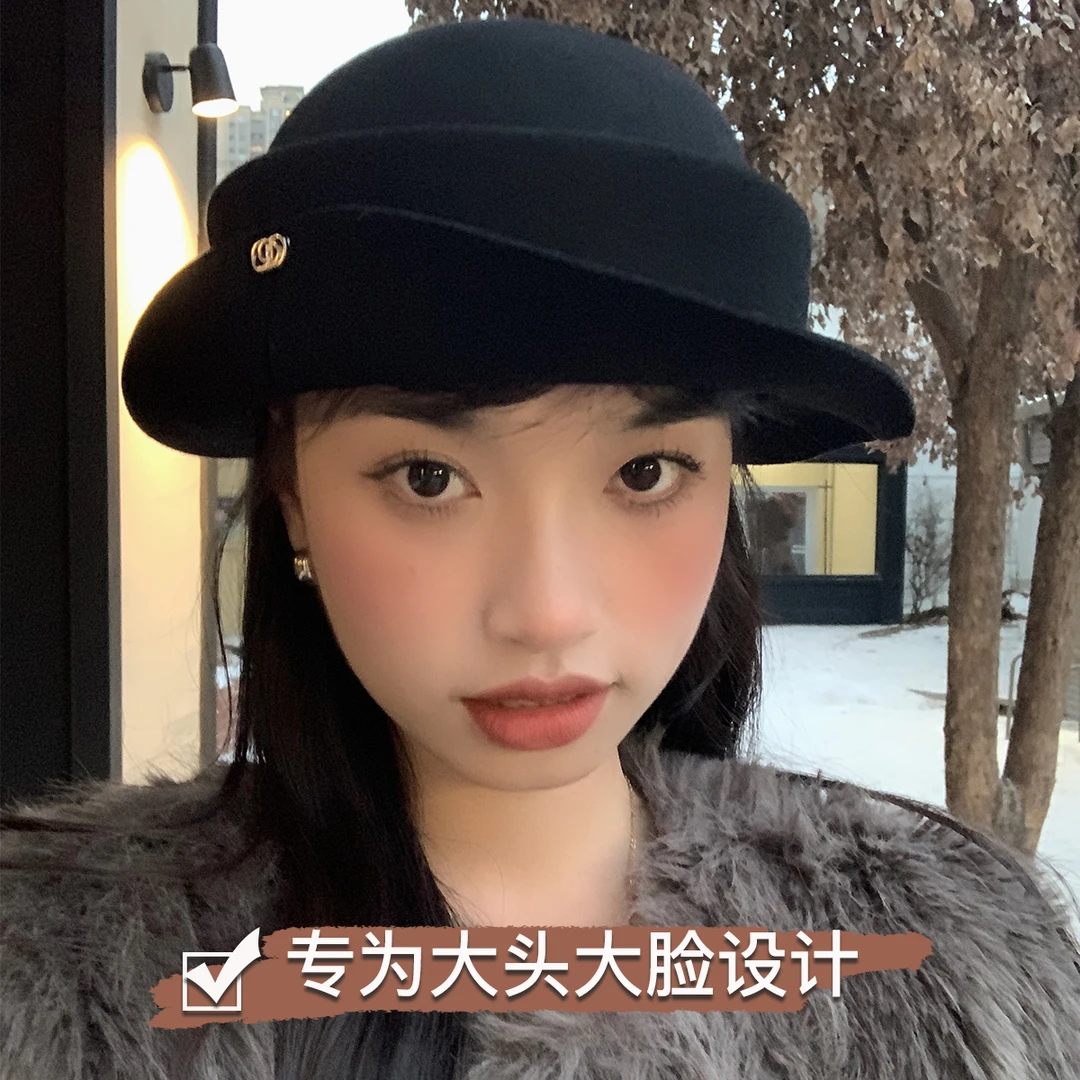 黑色礼帽女羊毛毡英伦赫本风大头围渔夫帽卷边帽子时尚高级感盆帽