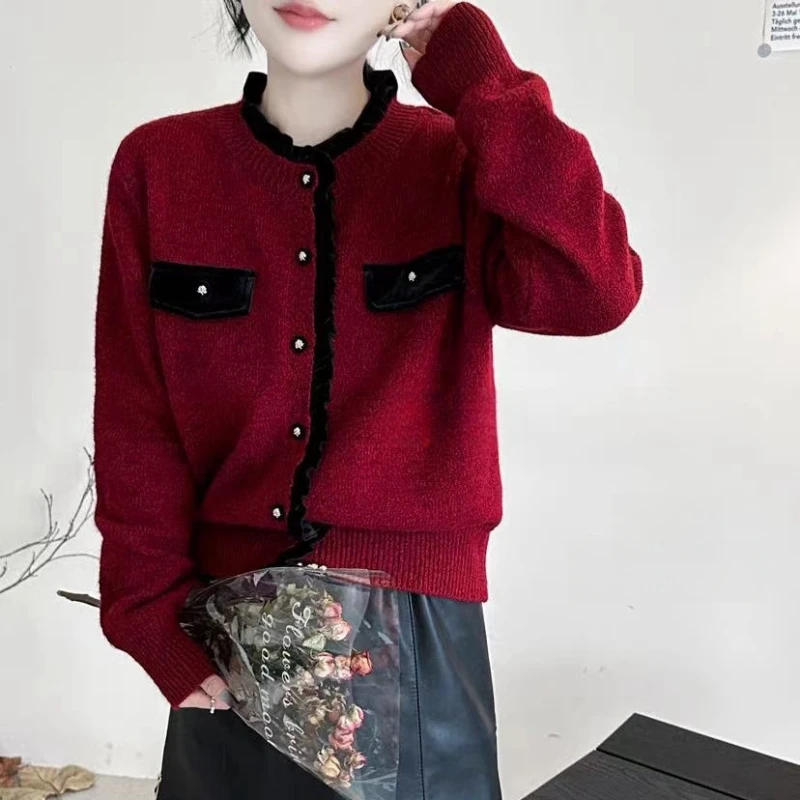 欧货花纱蜜熊绒小香风小开衫针织毛衣2025新年春款新款内搭外套女