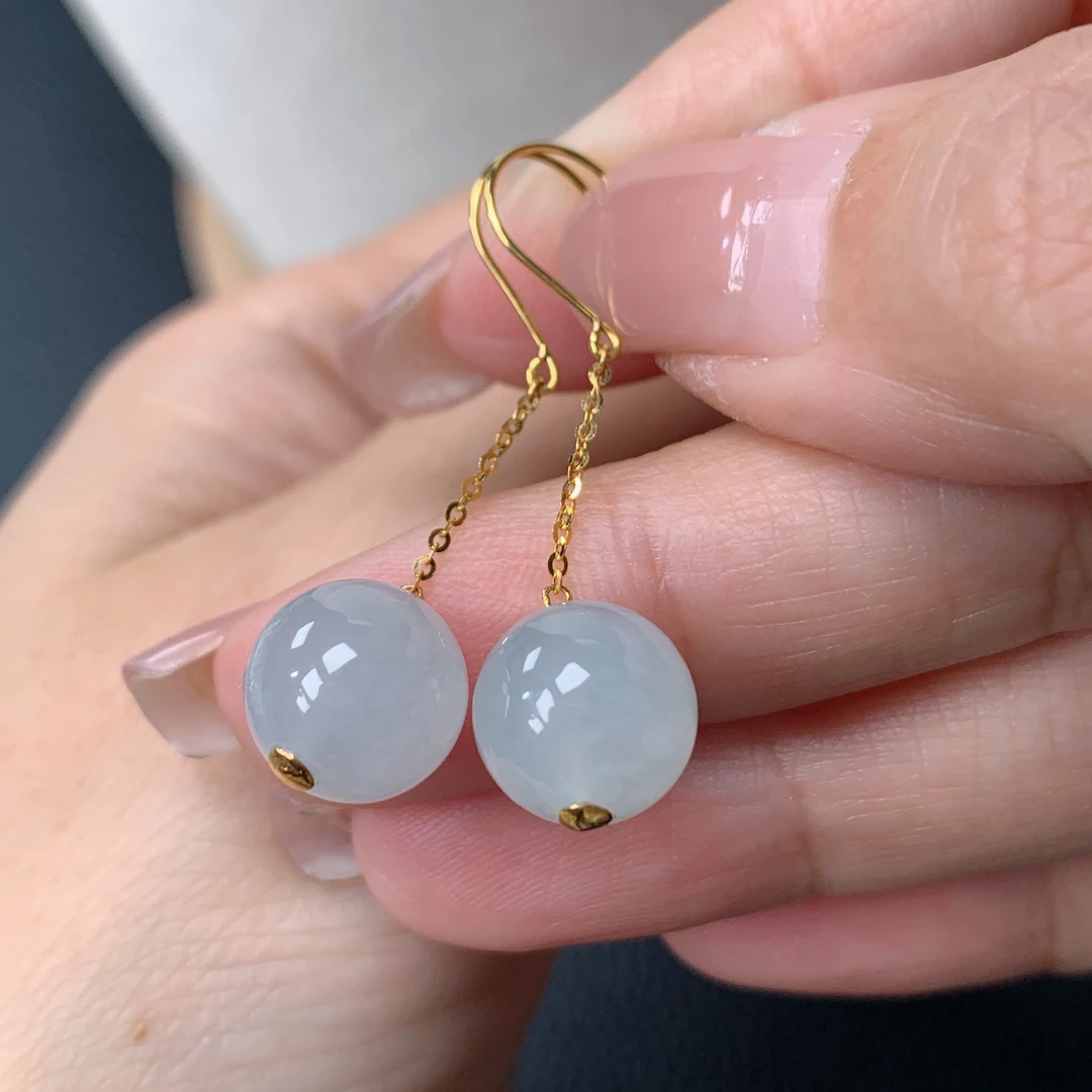 缅甸天然翡翠a货18k金冰种珠子耳坠10mm