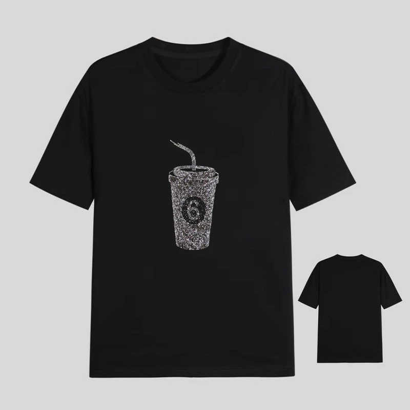 【32号链接-马拉钻杯6】春夏男女同款百搭潮流设计师款宽松烫钻T恤