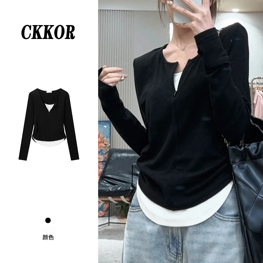 CKKOR春季新款假两件显瘦气质高级感长袖t恤上衣时尚百搭打底衫女