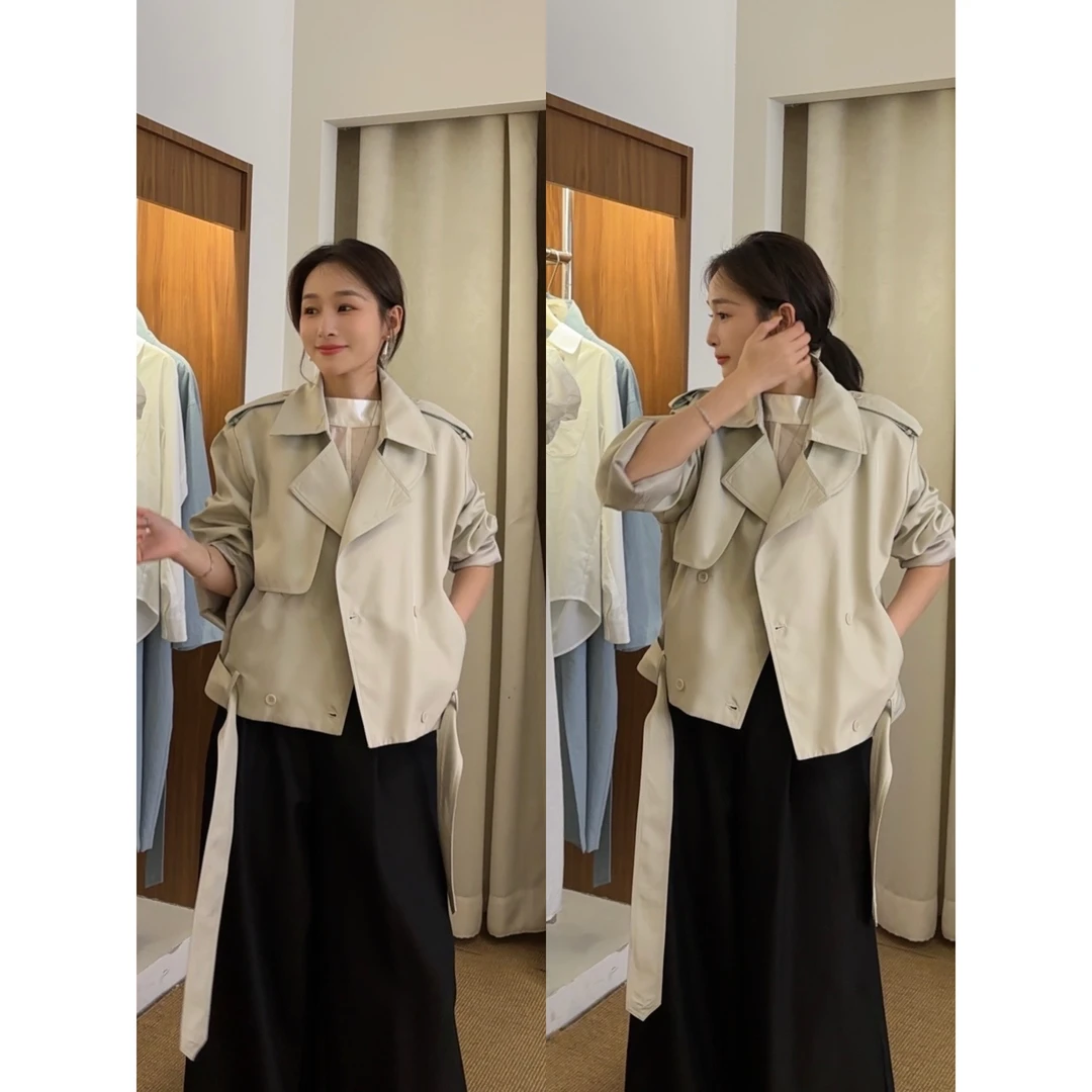 【NO退NO换】77801-1#三姐妹#超好看~韩系百搭拼接格子风衣外套