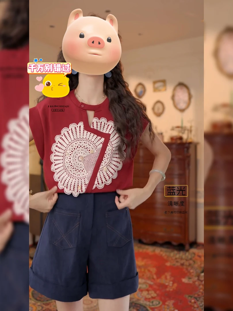 复古港风绿色镂空印花短袖t恤女夏季设计感气质小众独特漂亮上衣