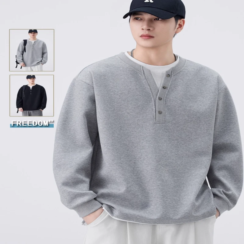 仓石一树春秋季假两件卫衣男2025新款亨利领宽松男款休闲长袖t恤