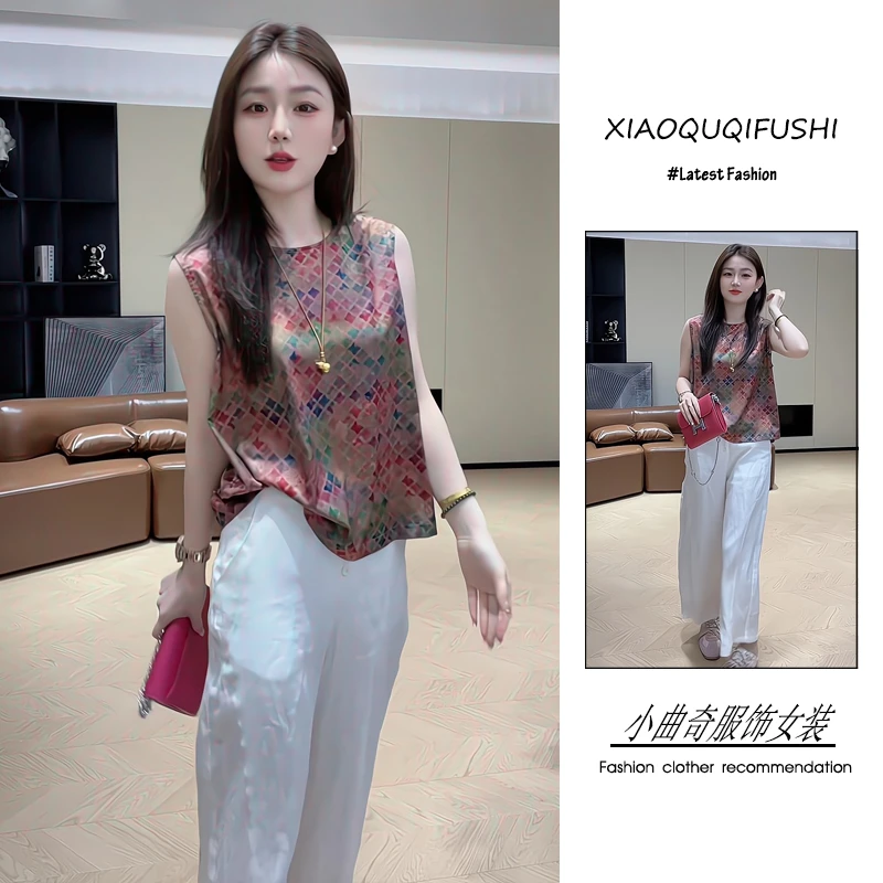 夏季2025新款一整套女装韩系时尚复古风彩色格纹上衣阔腿裤两件套