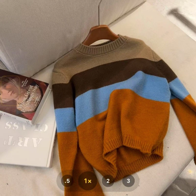 【萍萍推荐】秋冬款 圆领宽条套头慵懒风线衫 暖色系休闲百搭针织