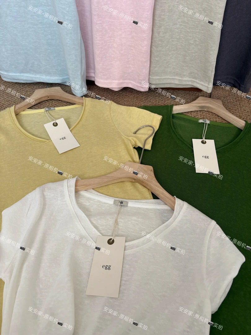 回购n件！e*g卷边V领设计感凉快显瘦T恤 韩系新款纯色显白短袖上衣