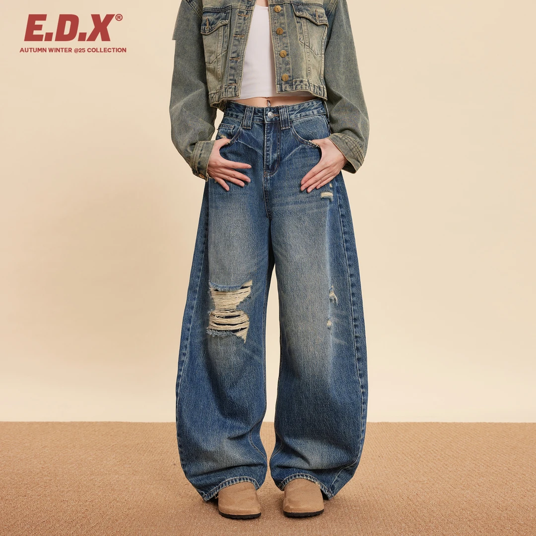 EDX秋季阔腿牛仔裤女假破洞蓝色宽松慵懒风拖地裤水洗复古弯刀裤