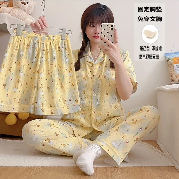 夏季常规款带胸垫家居服短袖长裤云朵棉透气舒适翻领甜美套装爆款