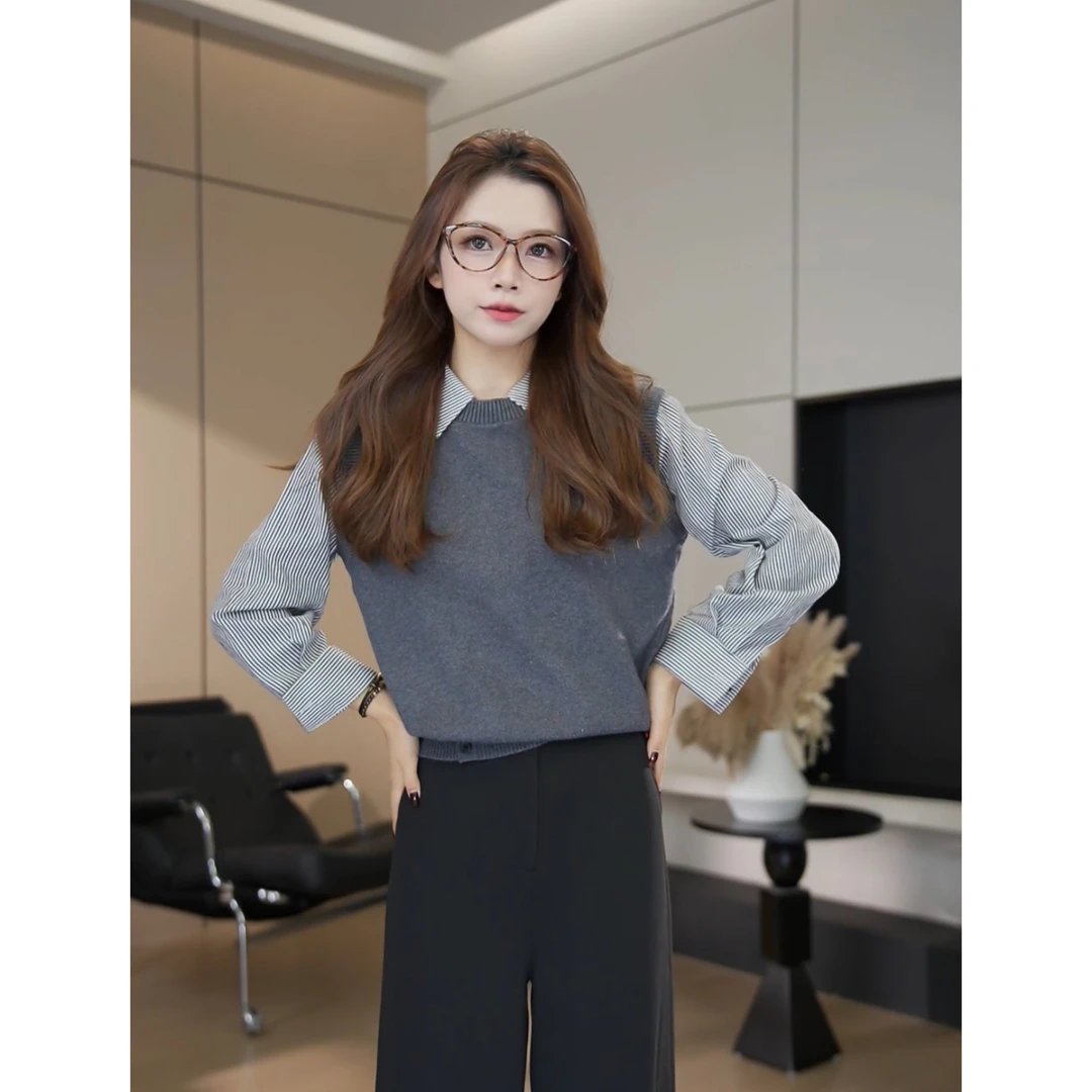 【小个子】秋季新款百搭条纹拼接套头休闲长袖假两件-YJ1008