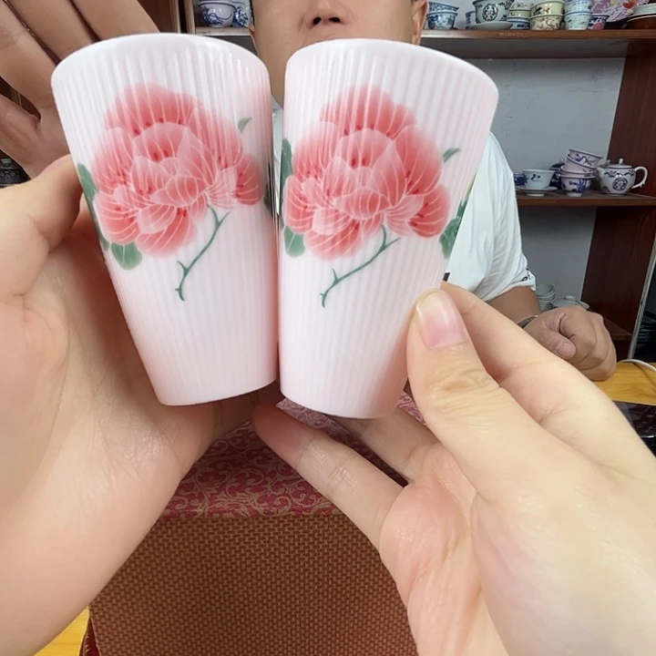景德镇陶瓷红嘻嘻牡丹闻香杯2只