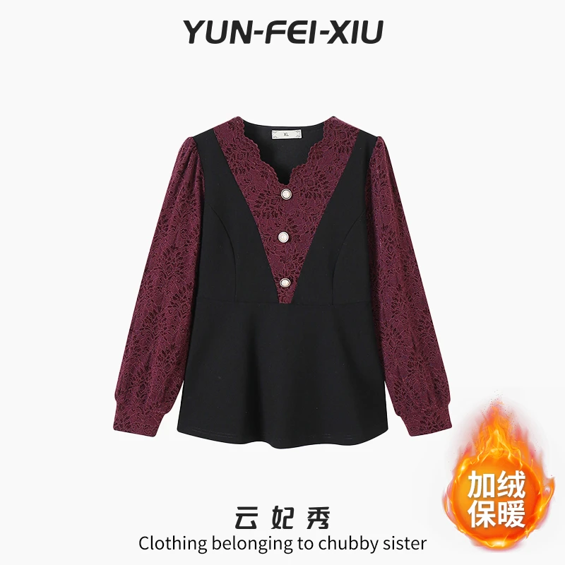 云妃秀大码女装上衣V领蕾丝拼接时尚宽松显瘦加绒胖妹妹冬季68757